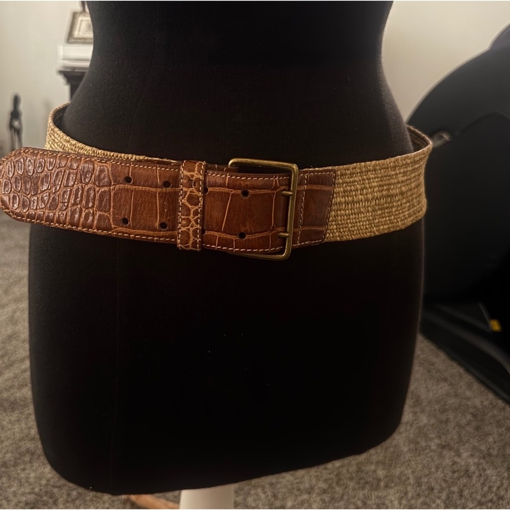 Lauren Ralph Lauren Brown Croc Leather Woven Raffia Wide Double Prong Belt L Y2K